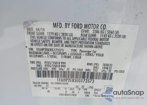 2014 Ford Taurus Sel from USA, damaged, VIN 1FAHP2E83EG173573